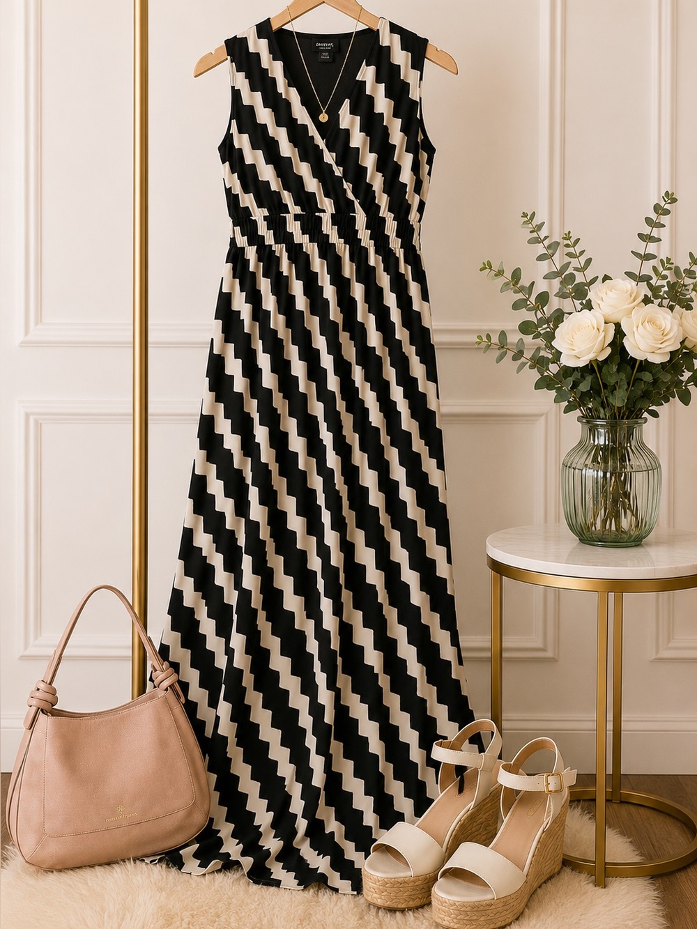 Chico’s Black Label B&W Zigzag Print Maxi Dress Size 3